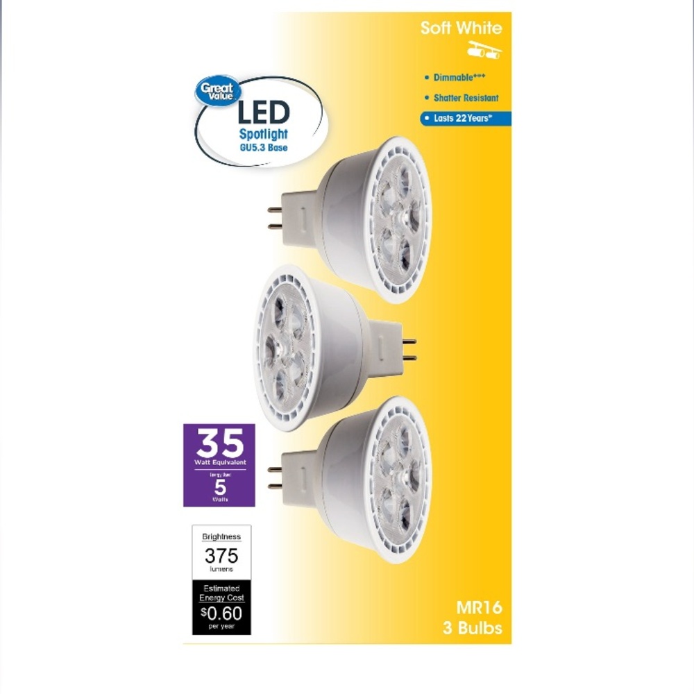 💜LED Light Bulb, 5Watts (35W Equivalent)MR16 Lamp GU5.3 Base, Dimmable, 3-Pack